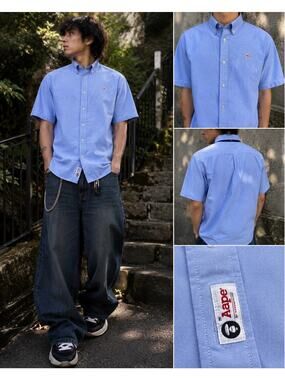 AAPE by A Bathing Ape Oxford Button Down Shirt Men's Large Blue Short Sleeve